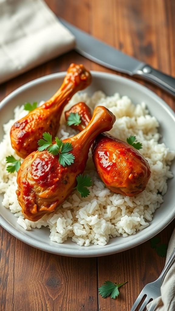 Spicy chicken drumsticks on rice garnished with parsley on a rustic table.